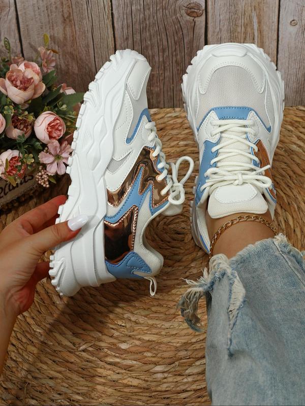 Women's Fashionable Colorblock Lace Up Low Top Sneakers, Casual Comfortable Breathable Sports Running Shoes, All-match Round Toe Chunky Sneakers for Daily Wear