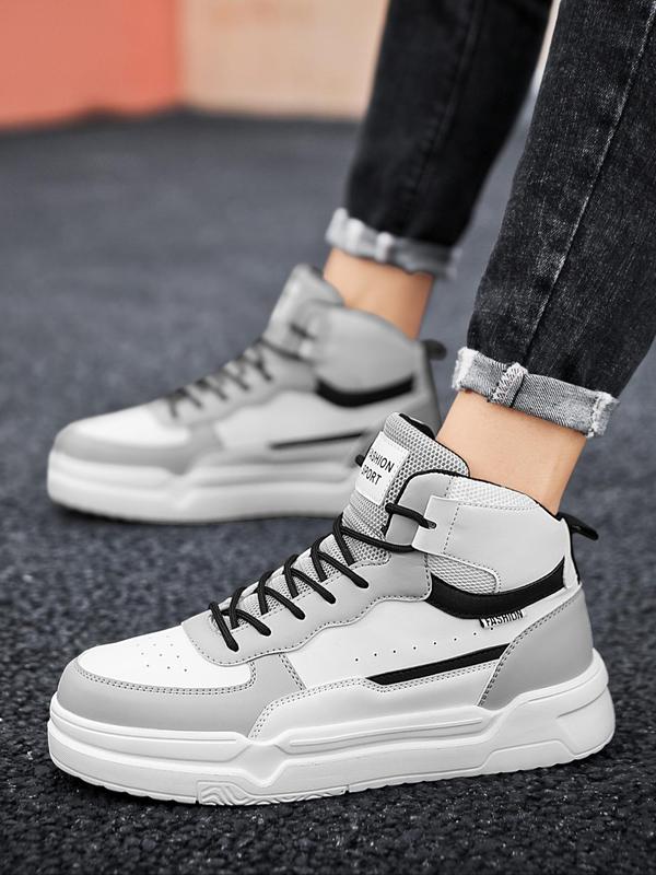 Men's Colorblock Letter Patch Decor High Top Sneakers, Casual Comfortable Outdoor Sports Shoes, Fashion Lace Up Front Skate Shoes