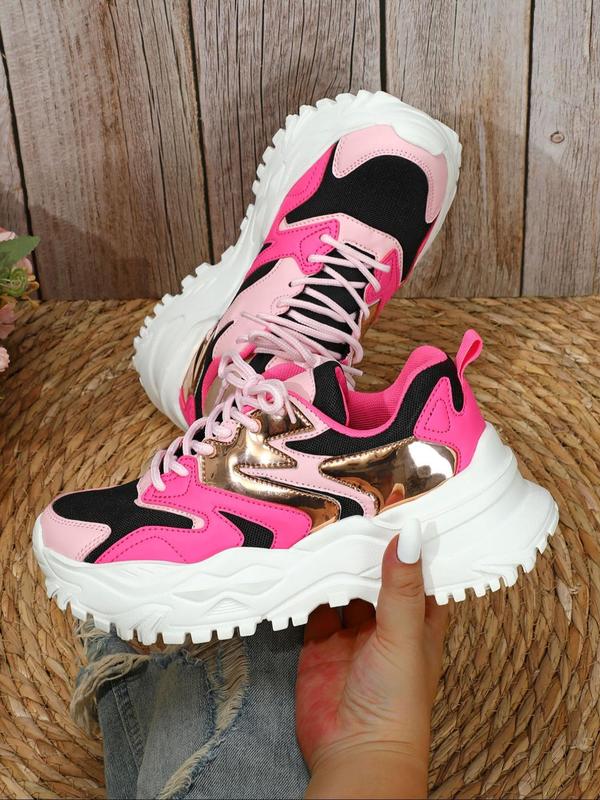 Women's Fashionable Colorblock Lace Up Low Top Sneakers, Casual Comfortable Breathable Sports Running Shoes, All-match Round Toe Chunky Sneakers for Daily Wear