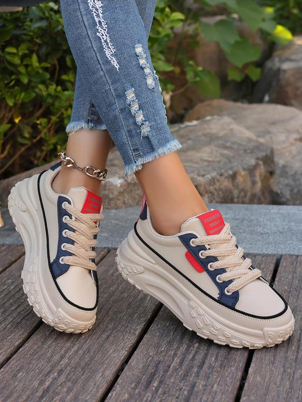 Fashionable Patchwork Design Lace Up Low Top Sneakers, Casual Comfortable Platform Sports Shoes for Daily Wear, Female All-match Shoes for Women & Girls