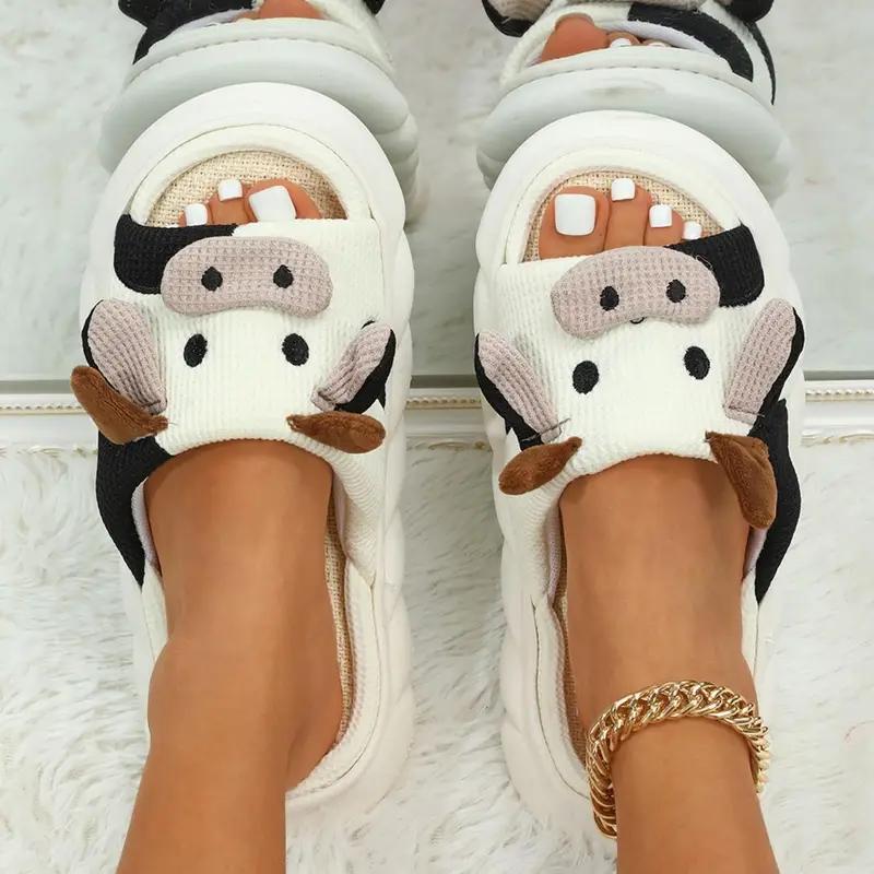 Women's Cartoon Cow Slippers Cute Animal Shape Slippers Thick Sole Soft Indoor Outdoor Slippers