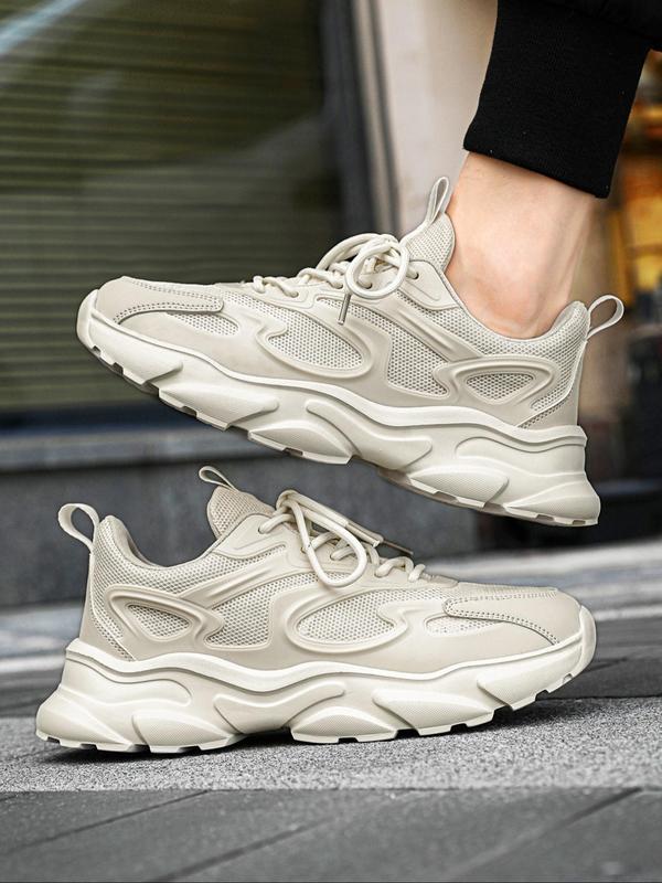 Men's Fashion Plain Lace up Low Top Patched Design Stretchy Mesh Chunky Sneakers, Breathable Comfortable Platform Shoes, Autumn and Winter Outdoor Sports Walking Shoes