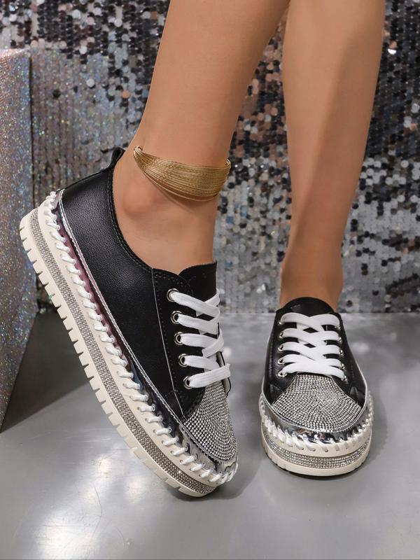 Women's Fashionable Rhinestone Decor Lace Up Low Top Sneakers, Casual Comfortable Sports Shoes for Daily Wear, Female All-match Round Toe Shoes for Daily Wear