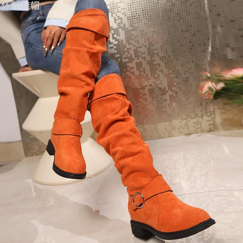 Women's Solid Color Trendy Boots, Buckle Belt Pull On Chunky Heel High Knee Boots, Winter Round Toe Slouchy Boots