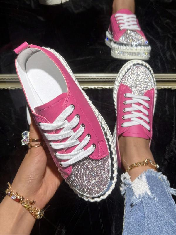 Women's Fashionable Rhinestone Decor Lace Up Low Top Sneakers, Casual Comfortable Sports Shoes for Daily Wear, Female All-match Round Toe Shoes for Daily Wear