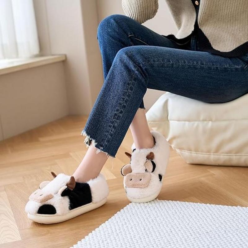 Cartoon Cow Cotton Slippers, Cute Cozy Fuzzy Animal Slippers, Winter Indoor Outdoor Slippers for Women Girl Walking Shoes Footwear Slide