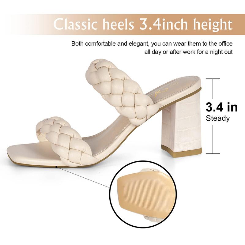 Athlefit Women's Braided Heeled Sandals Strappy Square Open Toe Heels Backless Mules Slip On Block Heels