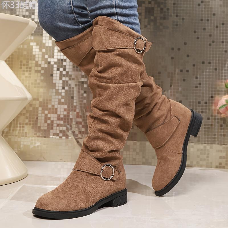 Women's Solid Color Trendy Boots, Buckle Belt Pull On Chunky Heel High Knee Boots, Winter Round Toe Slouchy Boots