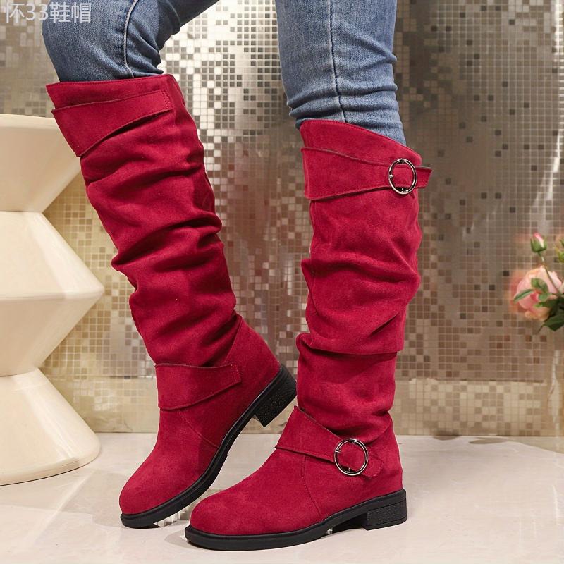 Women's Solid Color Trendy Boots, Buckle Belt Pull On Chunky Heel High Knee Boots, Winter Round Toe Slouchy Boots