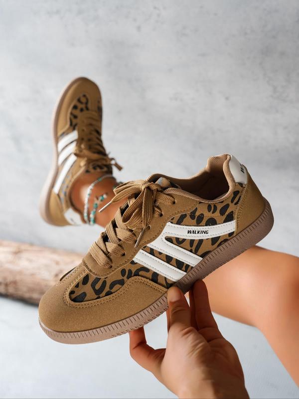 Women's Fashion Leopard & Striped Design Lace Up Low Top Sneakers, Casual Comfortable Sports Shoes for Outdoor Activities, Female All-match Round Toe Shoes for Daily Wear