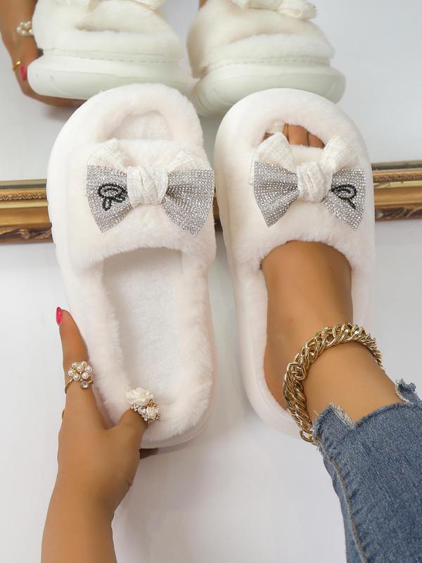 Cute Bowknot & Heart Design Plush Slippers As Gift, Trendy Soft Warm Slide Slippers for Home, Novelty Bedroom & Kitchen Slippers, Girl Comfort Walking Shoes