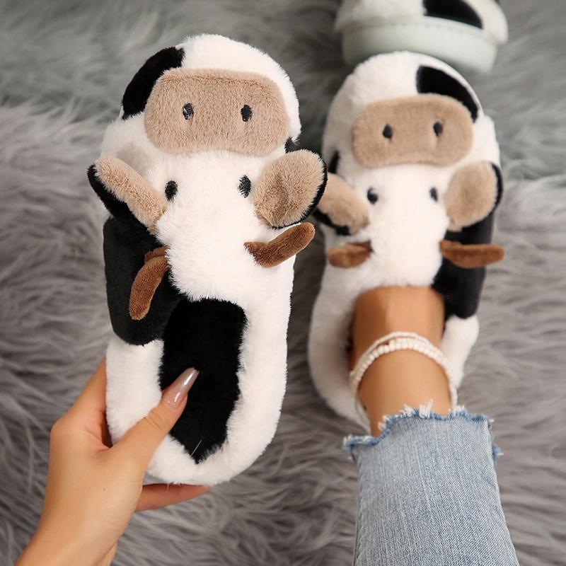 Fuzzy Cow Slippers For Women Cute Cotton Animals House Shoes Fluffy Plush Slippers  Indoor Living Room Bedroom