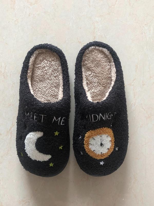 Women's Cute Cartoon Moon & Clock Pattern Plush Slippers, Soft Comfy Bedroom Slippers for Fall & Winter, Fluffy Fall & Winter House Shoes for Indoor and Outdoor