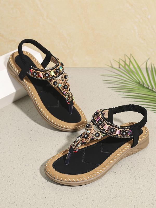 Women's Boho Style Rhinestone Decorated Flat Sandals, 2024 New Style Vintage Trendy Slip on Sandals, Fashionable Anti-slip Sandals for Beach Vacation