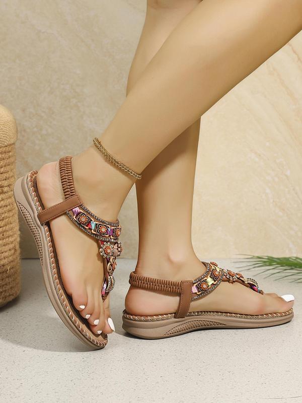 Women's Boho Style Rhinestone Decorated Flat Sandals, 2024 New Style Vintage Trendy Slip on Sandals, Fashionable Anti-slip Sandals for Beach Vacation