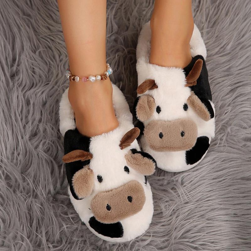 Fuzzy Cow Slippers For Women Cute Cotton Animals House Shoes Fluffy Plush Slippers  Indoor Living Room Bedroom