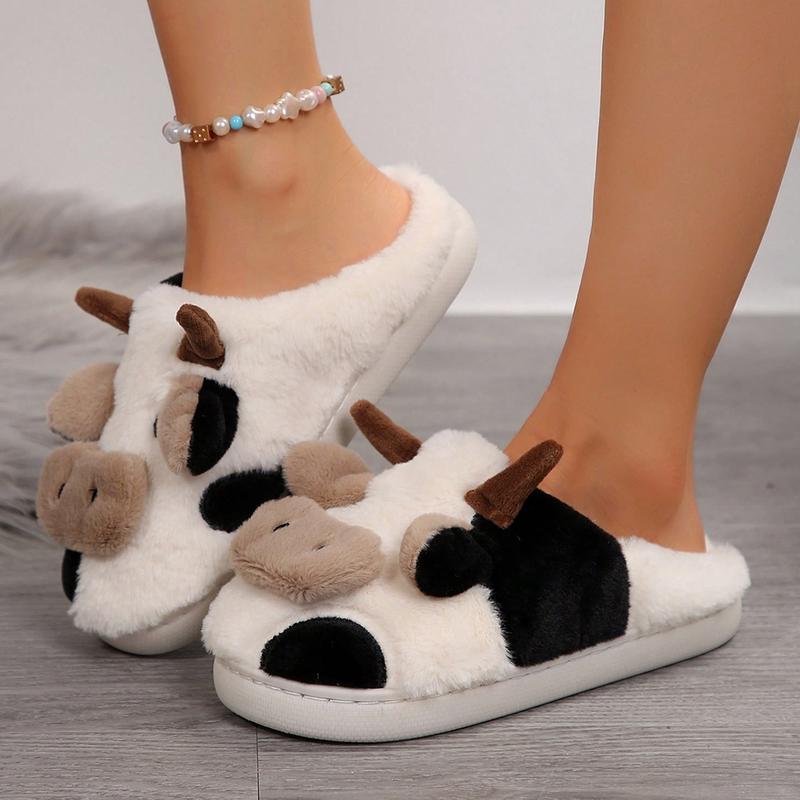 Fuzzy Cow Slippers For Women Cute Cotton Animals House Shoes Fluffy Plush Slippers  Indoor Living Room Bedroom