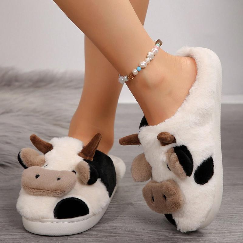 Fuzzy Cow Slippers For Women Cute Cotton Animals House Shoes Fluffy Plush Slippers  Indoor Living Room Bedroom