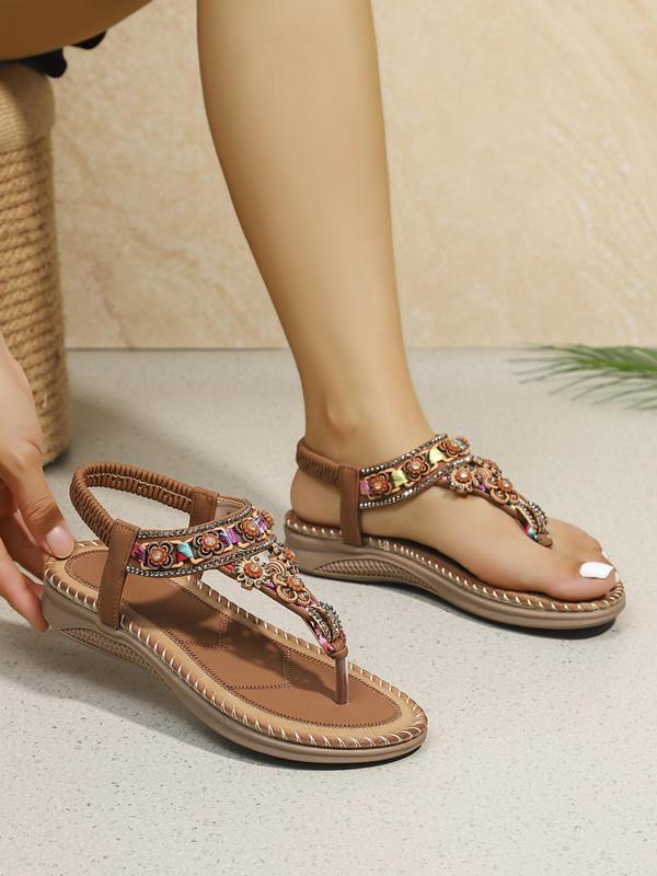 Women's Boho Style Rhinestone Decorated Flat Sandals, 2024 New Style Vintage Trendy Slip on Sandals, Fashionable Anti-slip Sandals for Beach Vacation