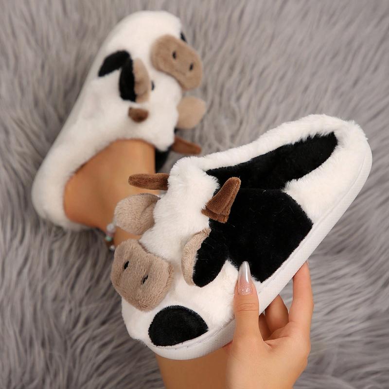 Fuzzy Cow Slippers For Women Cute Cotton Animals House Shoes Fluffy Plush Slippers  Indoor Living Room Bedroom