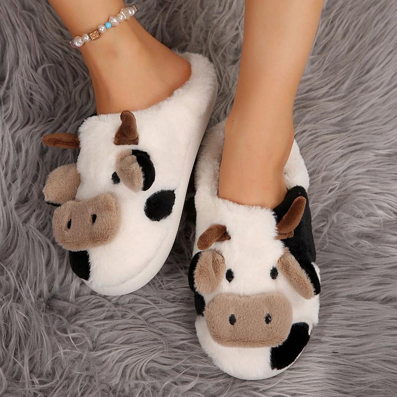 Fuzzy Cow Slippers For Women Cute Cotton Animals House Shoes Fluffy Plush Slippers  Indoor Living Room Bedroom