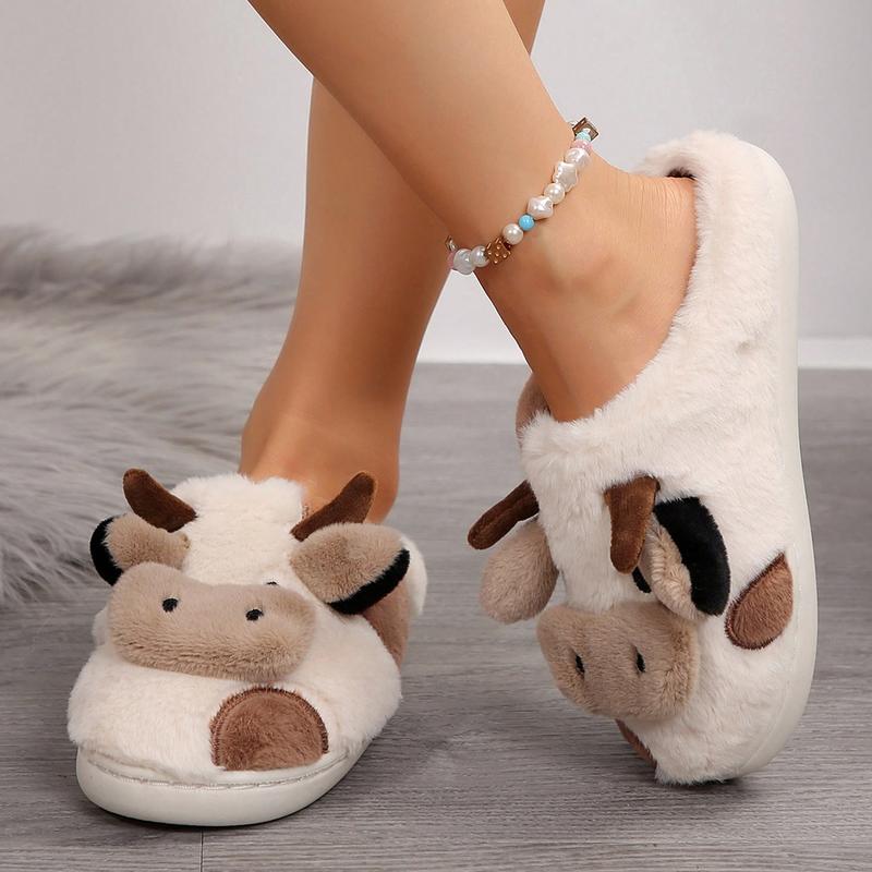 Fuzzy Cow Slippers For Women Cute Cotton Animals House Shoes Fluffy Plush Slippers  Indoor Living Room Bedroom