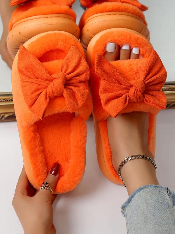 Cute Bowknot & Heart Design Plush Slippers As Gift, Trendy Soft Warm Slide Slippers for Home, Novelty Bedroom & Kitchen Slippers, Girl Comfort Walking Shoes