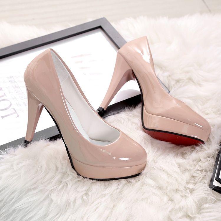 10cm High Heels Waterproof Platform Sex Stiletto Low-Cut Shoes Women round Toe Women's Shoes Patent Leather Work