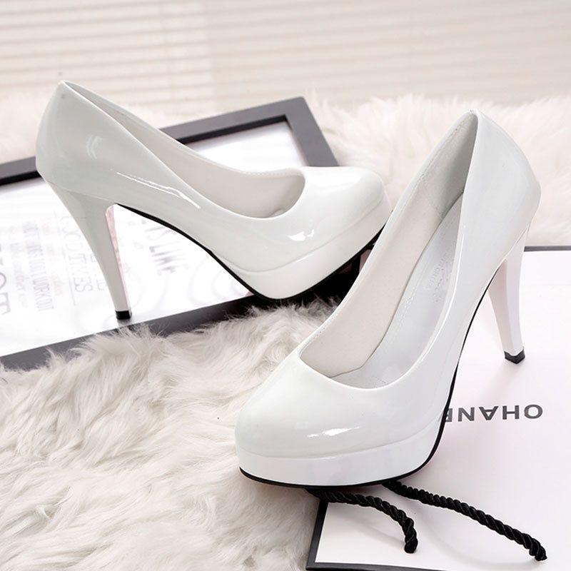 10cm High Heels Waterproof Platform Sex Stiletto Low-Cut Shoes Women round Toe Women's Shoes Patent Leather Work