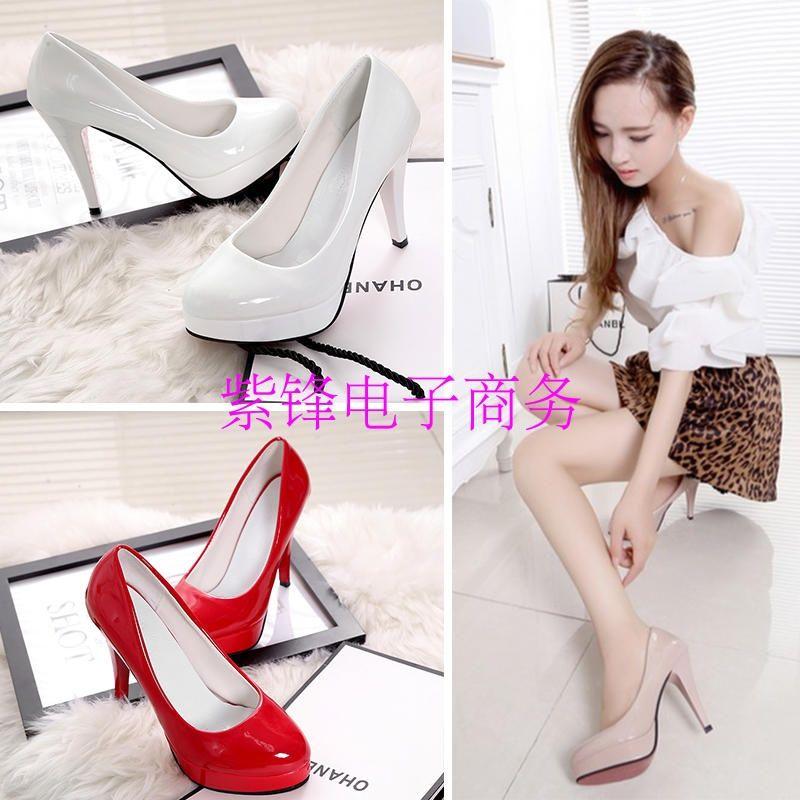 10cm High Heels Waterproof Platform Sex Stiletto Low-Cut Shoes Women round Toe Women's Shoes Patent Leather Work