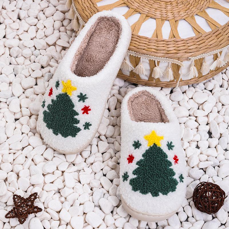 Vintage Cartoon Christmas Tree Plush Slippers for Men and Women- Slippers with Warmth, Cartoon Embroidery, Round Toe, Non-Slip TPR Sole, and Breathable Fabric for Indoor Home Use - Soft, Cozy, and Water-Resistant Daily Casual Slip-On Shoes for Winter