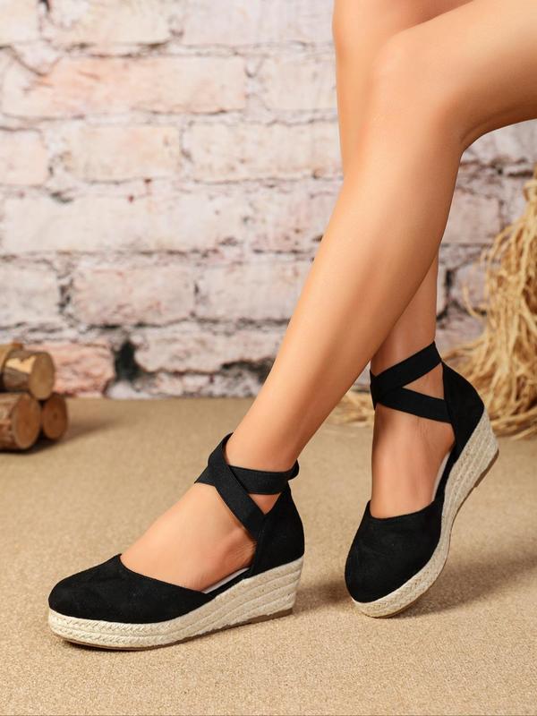 Women's Plain Color Espadrille Wedge Shoes, Casual Round Toe Wedge Sandals for Summer, Lightweight Breathable Comfortable Criss Cross Band Platform Summer 2024 Shoes for Women Daily Wear, Girl's Walking Shoes