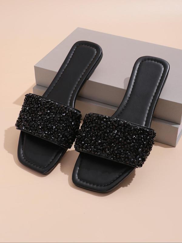 Women's Glitter Rhinestone Decorated Flat Sandals, Casual Summer Beach Sandals, Square Toe Slide Sandals, New Trendy Shoes for Women & Girls