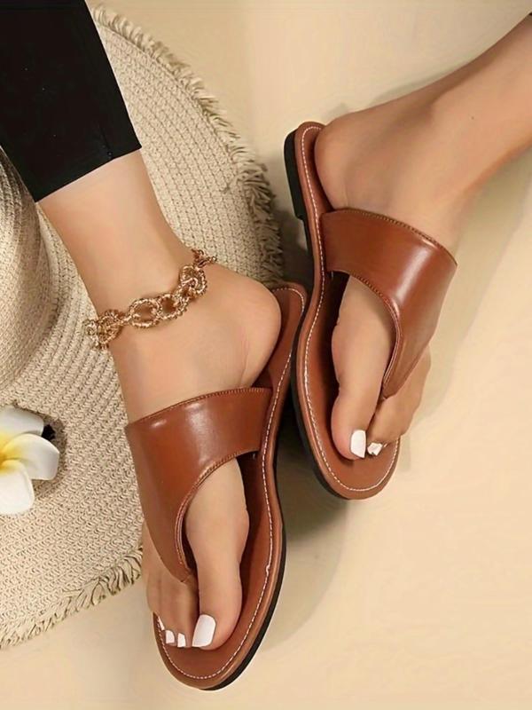 Women's Simple Plain Slip on Flat Sandals, Casual Summer Non-slip Beach Sandals, Lightweight Pu Leather Comfortable Shoes for Daily Wear