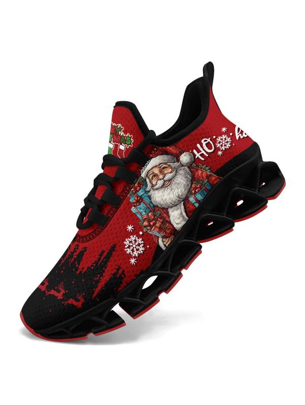 Men's Christmas Santa Claus Print Lace Up Running Shoes, Casual Comfortable Breathable Sneakers, Fashionable Sports Shoes for Gym Training