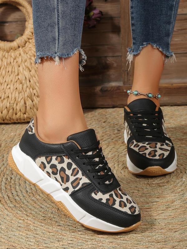 Women's Leopard Pattern Patched Design Training Sneakers, Fashion Lace up Round Toe Low Top Sneakers, Casual Comfortable Sports Running Shoes for Daily Wear, Girl's Walking Platform Shoes