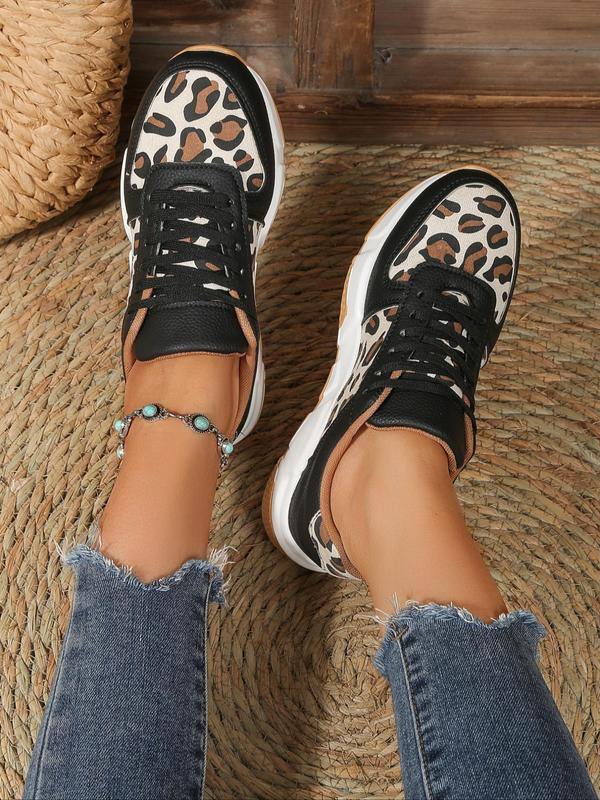 Women's Leopard Pattern Patched Design Training Sneakers, Fashion Lace up Round Toe Low Top Sneakers, Casual Comfortable Sports Running Shoes for Daily Wear, Girl's Walking Platform Shoes