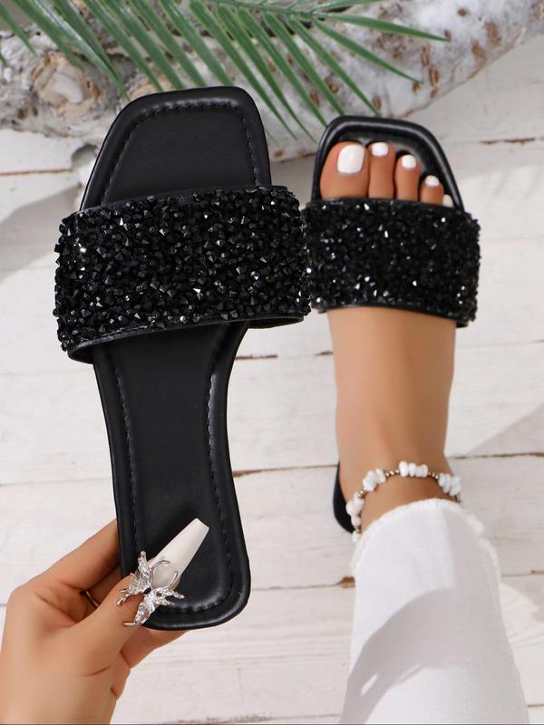 Women's Glitter Rhinestone Decorated Flat Sandals, Casual Summer Beach Sandals, Square Toe Slide Sandals, New Trendy Shoes for Women & Girls