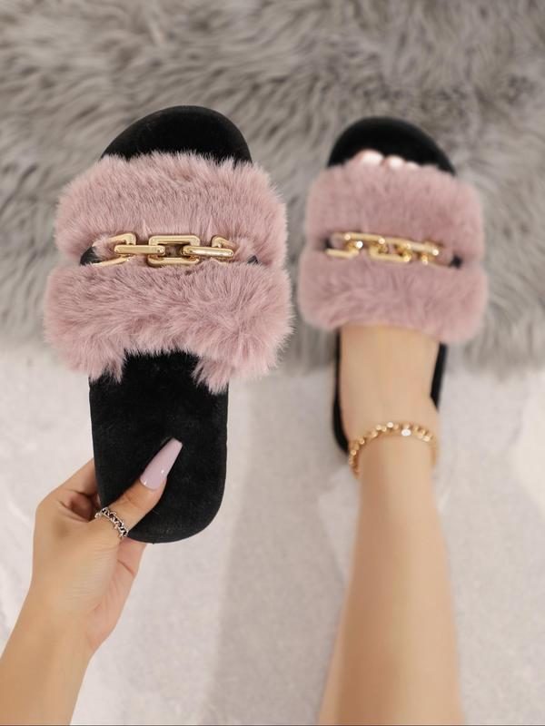 Women's Minimalist Chain Decor Plush Slippers, Casual Comfy Open Toe Fluffy Home Slippers, Trendy All-match Fuzzy Slippers, Warm Slippers for Fall & Winter