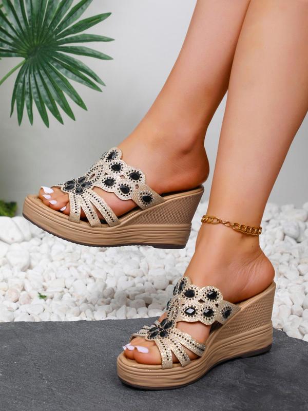 Women's Fashionable Rhinestone Flower Decorated Slip on Sandals, Casual Comfortable Platform Sandals for Summer, Female All-match Shoes for Daily Wear