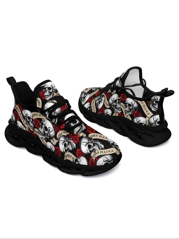 New Fashion Skull & Rose & Letters Print Lace Up Low Top Sneakers, Stylish All Over Print Designer Sneakers, All-match Round Toe Shoes for Daily Wear