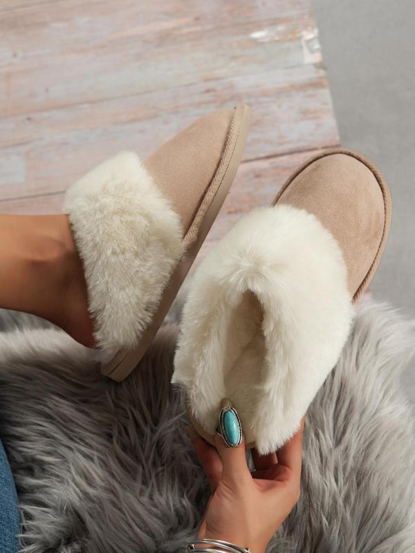 Women's Solid Color Fluffy Slippers Perfect for Valentine's Day Gift, Casual Soft Comfortable Contrast Faux Fur Trim Home Slippers, Warm Slippers for Indoor Use for Fall & Winter