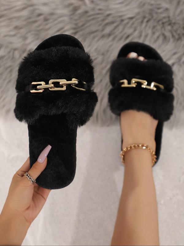 Women's Minimalist Chain Decor Plush Slippers, Casual Comfy Open Toe Fluffy Home Slippers, Trendy All-match Fuzzy Slippers, Warm Slippers for Fall & Winter