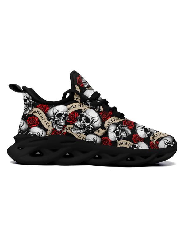 New Fashion Skull & Rose & Letters Print Lace Up Low Top Sneakers, Stylish All Over Print Designer Sneakers, All-match Round Toe Shoes for Daily Wear