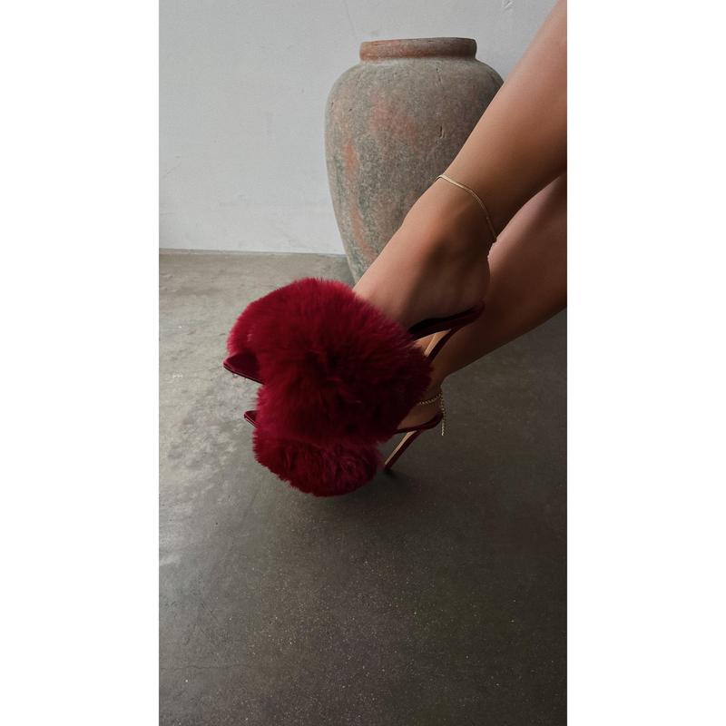 Cherie Faux Fur High Heel Mules - Cherry