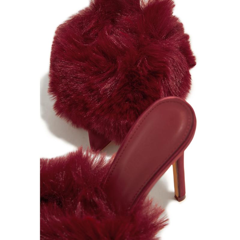 Cherie Faux Fur High Heel Mules - Cherry