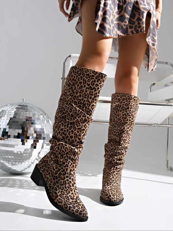 Women's Fashion Leopard Print Knee High Boots, Casual Pointed Toe Boots for Party, Daily Clothing Decor for Women & Girls