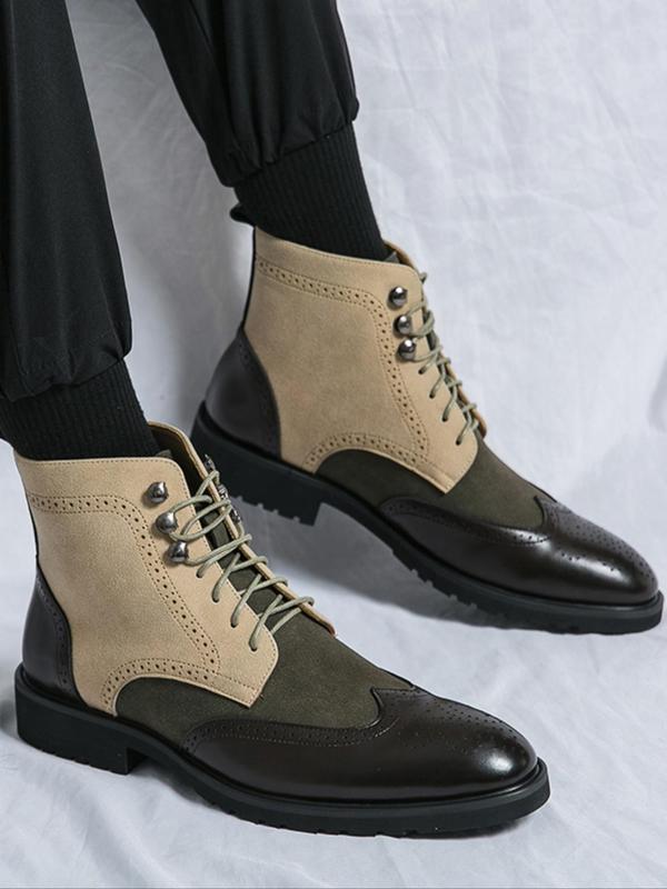 Men's Fashionable Lace Up Front Patchwork Boots, Casual Comfortable Pointed Toe Boots for Daily Wear, Male All-match Trend Shoes for Daily Wear