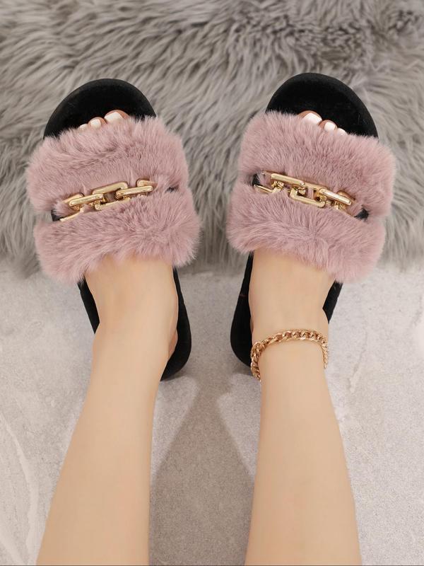 Women's Minimalist Chain Decor Plush Slippers, Casual Comfy Open Toe Fluffy Home Slippers, Trendy All-match Fuzzy Slippers, Warm Slippers for Fall & Winter