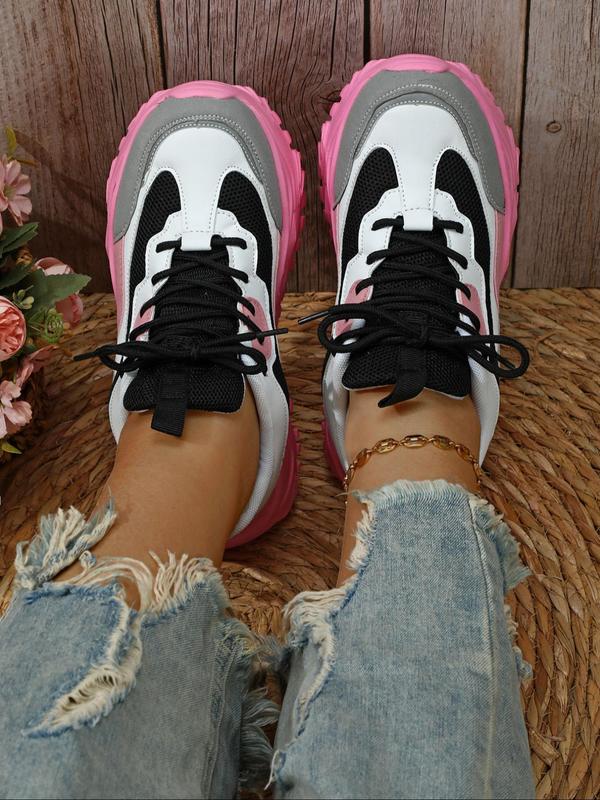 Fashion Colorblock Lace Up Low Top Platform Sneakers, Casual Comfortable Breathable Sports Running Shoes, Female All-match Round Toe Chunky Sneakers for Daily Wear